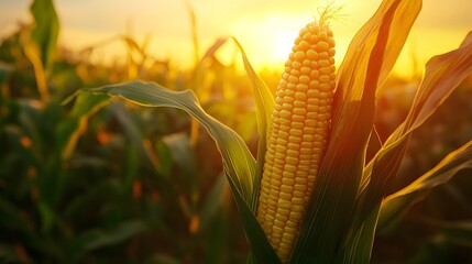 Golden Corn Ear in Field at Sunset