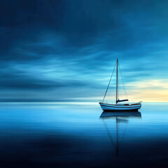 Fototapeta premium A small white boat is floating on the water in a calm blue sea. The sky is cloudy, and the sun is setting, creating a serene and peaceful atmosphere