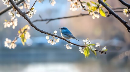 Fototapeta premium A blue bird perches on a tree branch, surrounded by white flowers in the foreground Behind it, a body of water stretches into the background