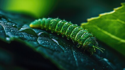Fototapeta premium The vibrant green caterpillar crawls along the dark green, glossy leaf, highlighting the contrast between the caterpillar and its natural environment.
