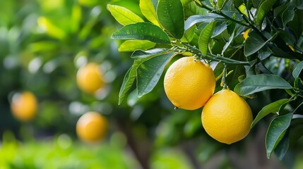  A sunny day reveals a grove of lemon trees, their green leaves framing clusters of golden lemons dangling enticingly