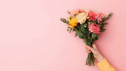Fototapeta premium A hand holding a beautiful bouquet with pink background and copy space.