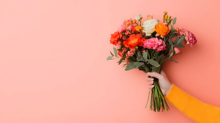 Fototapeta premium A hand holding a beautiful bouquet with pink background and copy space.