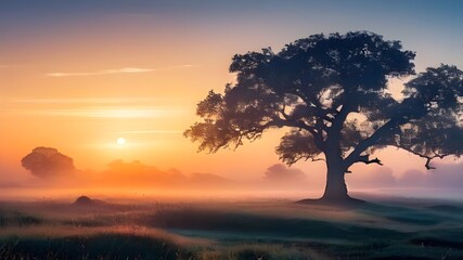 Serene sunrise over fog-covered meadow with a lone oak tree in nature AI generative.