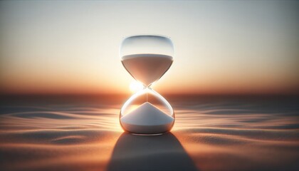 A serene hourglass on a reflective surface, with sand flowing through its chambers, set against a warm sunset, symbolizing the simplicity and passage of time