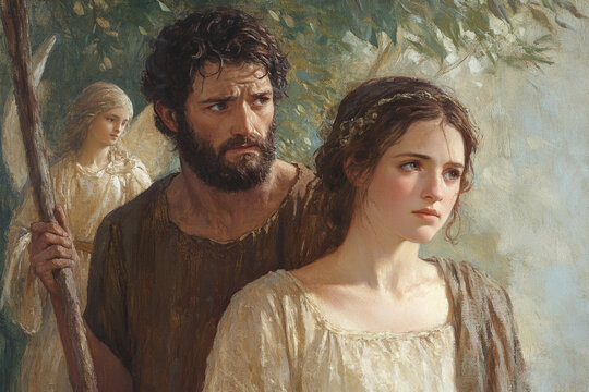 Adam and Eve are somber as they are being cast out of paradise by an angel holding a staff