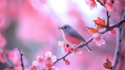 Obraz premium A bird perches on a tree branch, surrounded by pink flowers in the foreground; behind it, a pink-hued sky extends
