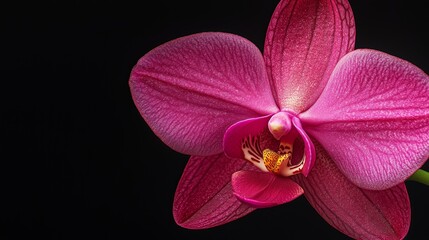  Close-up of a pink flower against a black backdrop, featuring a yellow stamen at its core