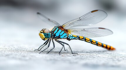 Close-up of colorful dragonfly with intricate wing and body details.