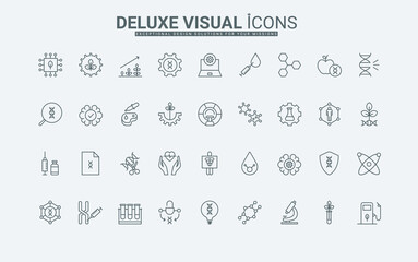 Search for mutations and cut DNA, heredity in human genome, cultured meat, lab microscope thin black outline symbols vector illustration. Genetic research and biotechnology line icon set.