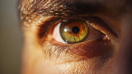  A detailed view of a brown-yellow iris in the center of a human eye
