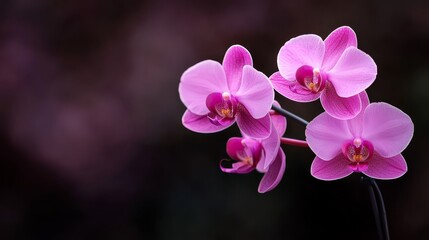  A tight shot of three pink orchids on their stem against a softly blurred background