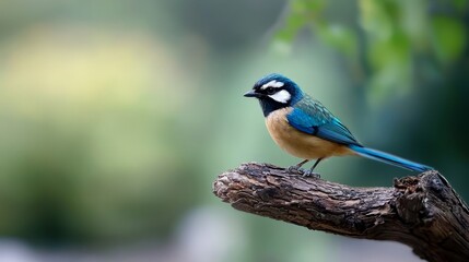 Obraz premium A small blue bird perched on a tree branch before a green, leafy tree contrasts against a blurred background