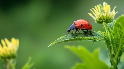  A ladybug atop a verdant leaf, surrounded by a lush green expanse and yellow flowers in the backdrop
