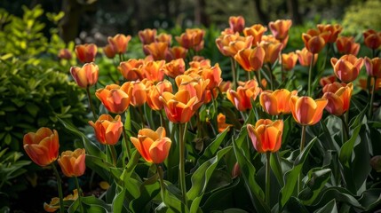 Vibrant Orange Tulips in Full Bloom Surrounded by Lush Greenery in a Beautiful Garden Setting