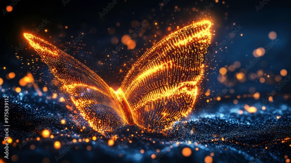 Poster Butterfly of Digital Binary Code Illuminated by Vibrant Orange Lights in a Minimalist Setting
