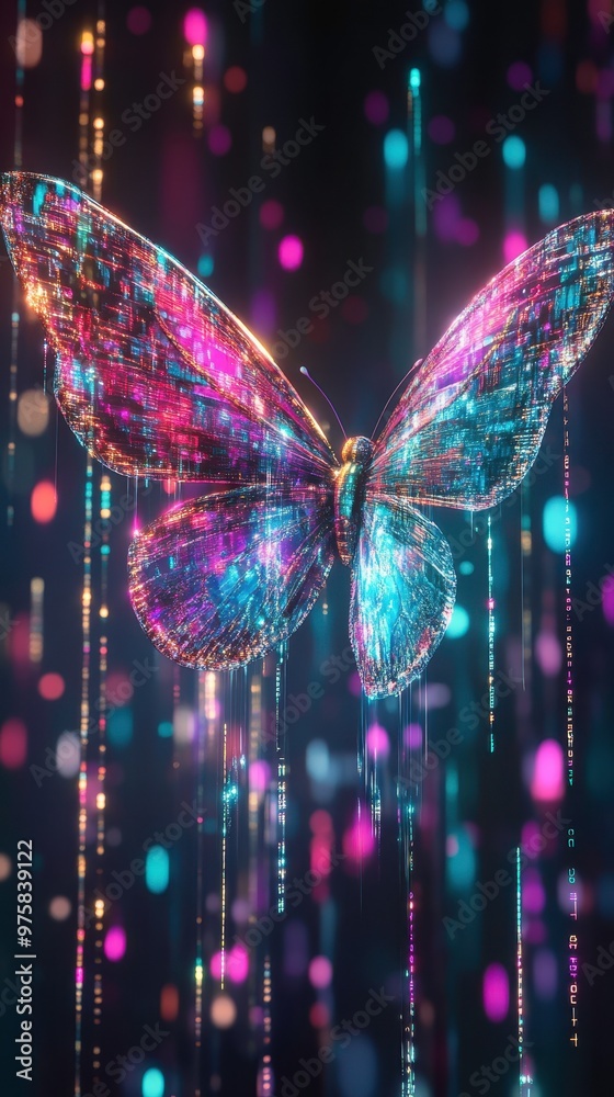 Leinwandbilder colorful butterfly surrounded by digital binary code and neon lights in a minimalist setting