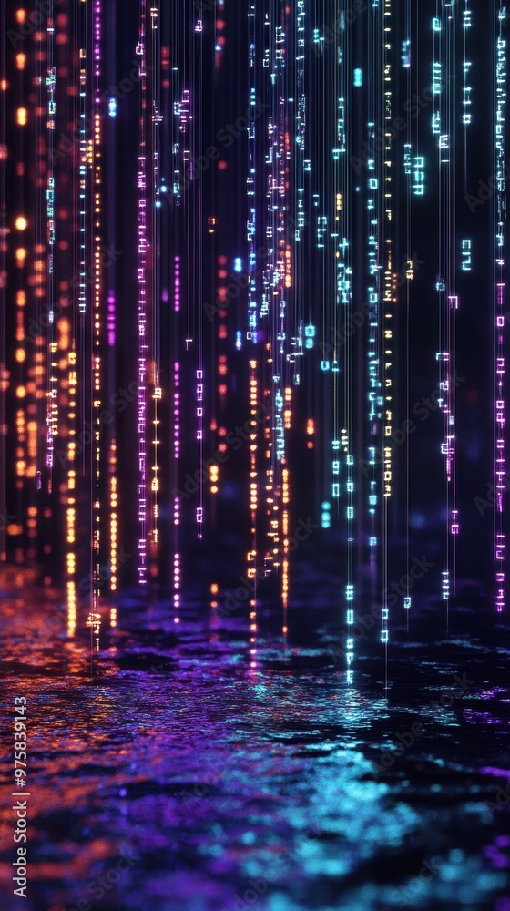 Aufkleber Vibrant Butterfly Rises Above Flowing Digital Binary Code in a Neon-Lit Minimalist Setting