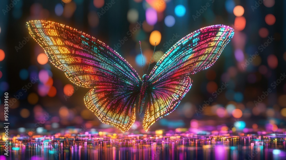 Poster Colorful Butterfly Adorned With Digital Binary Code Surrounded by Flowing Neon Lights at Night