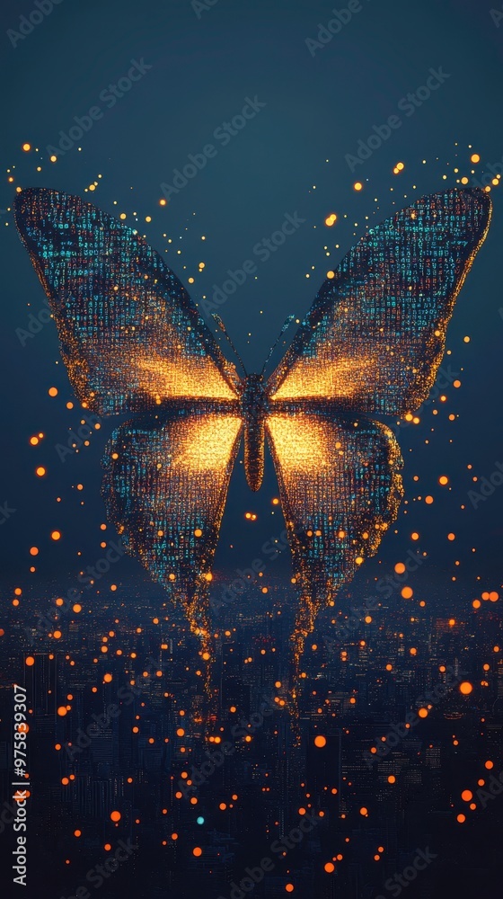 Poster Colorful Digital Butterfly Soaring Amidst Flowing Binary Code in a Minimalist Setting