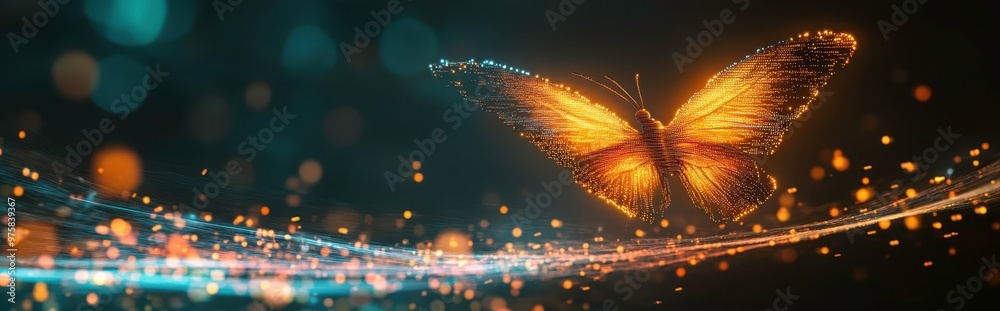 Poster Digital Butterfly With Flowing Orange Lights Amidst Intricate Binary Code in a Minimalist Style
