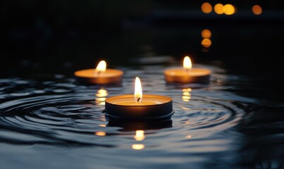A circle of floating candles on water, soft warm reflections