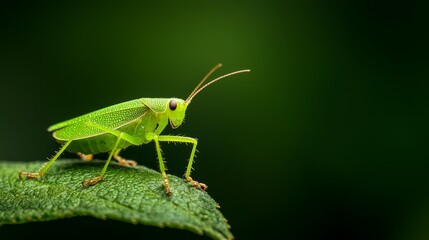 Fototapeta premium A crisp close-up of a green grasshopper atop a verdant leaf against softly blurred background