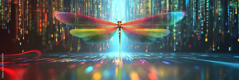 Aufkleber A Dragonfly Rises Amid Flowing Neon Lights and Digital Binary Code in a Minimalist Setting
