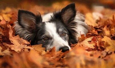 A Collie lying down in a bed of autumn leaves