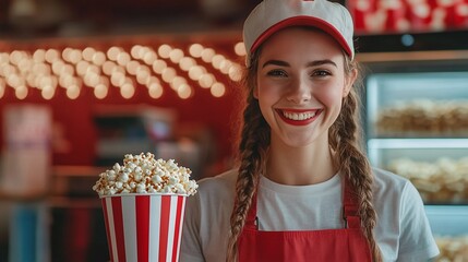 cinema experience enhanced by cheerful concession stand worker selling delicious popcorn and refreshing drinks to moviegoers