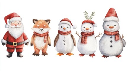Watercolor illustration of New Year characters like Santa Claus, a fox, penguin, snowman, and bear, ideal for holiday cards or festive designs