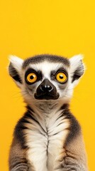 Obraz premium Ring-tailed lemur portrait against yellow background, vibrant wildlife and expression concept