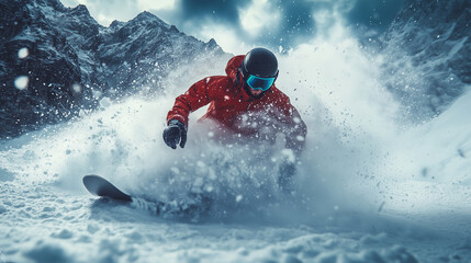 extreme snowboarder jumping on mountain top