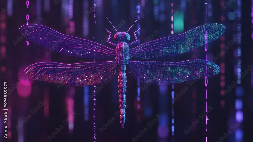 Poster Colorful Dragonfly Soaring Through Digital Binary Code in a Minimalist Aesthetic Environment