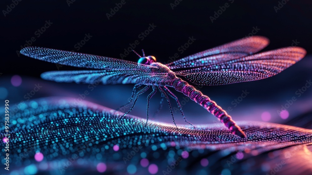 Poster Digital Dragonfly Soaring Amidst Flowing Pastel Lights With Binary Code in Minimalist Style