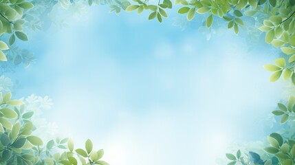 Obraz premium An array of lush spring leaves with a soft blue area in the middle, creating a calming backdrop perfect for inspirational text