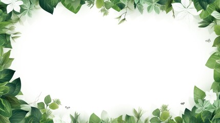 Fototapeta premium An array of lush spring leaves with a soft blue area in the middle, creating a calming backdrop perfect for inspirational text