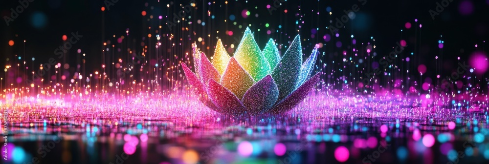 Poster Lotus Flower Illuminated by Vibrant Rainbow Lights With Digital Binary Code in Minimalist Design