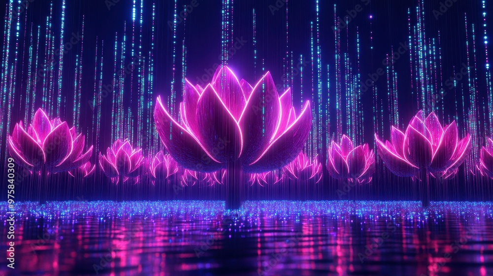 Poster colorful neon-lit lotus flowers rise amidst digital binary code in a minimalist aesthetic setting
