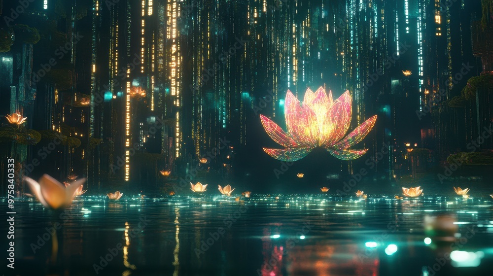 Poster glowing lotus blooms amidst swirling digital binary code in a neon-lit minimalist environment