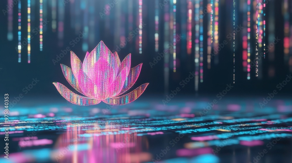 Aufkleber Colorful Lotus Illuminated by Digital Binary Code in a Minimalist Aesthetic Setting