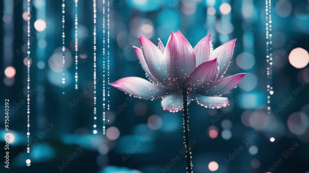 Poster Colorful Lotus Flower With Binary Code and Pastel Lights in a Minimalist Digital Landscape