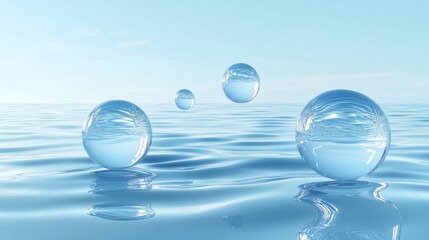 Transparent Spheres Floating on Serene Blue Water Surface with Reflections