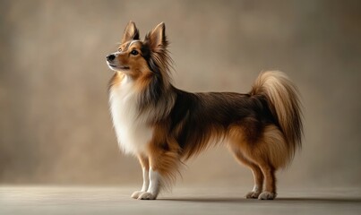 A Shetland Sheepdog standing alert in a studio with a gradient background
