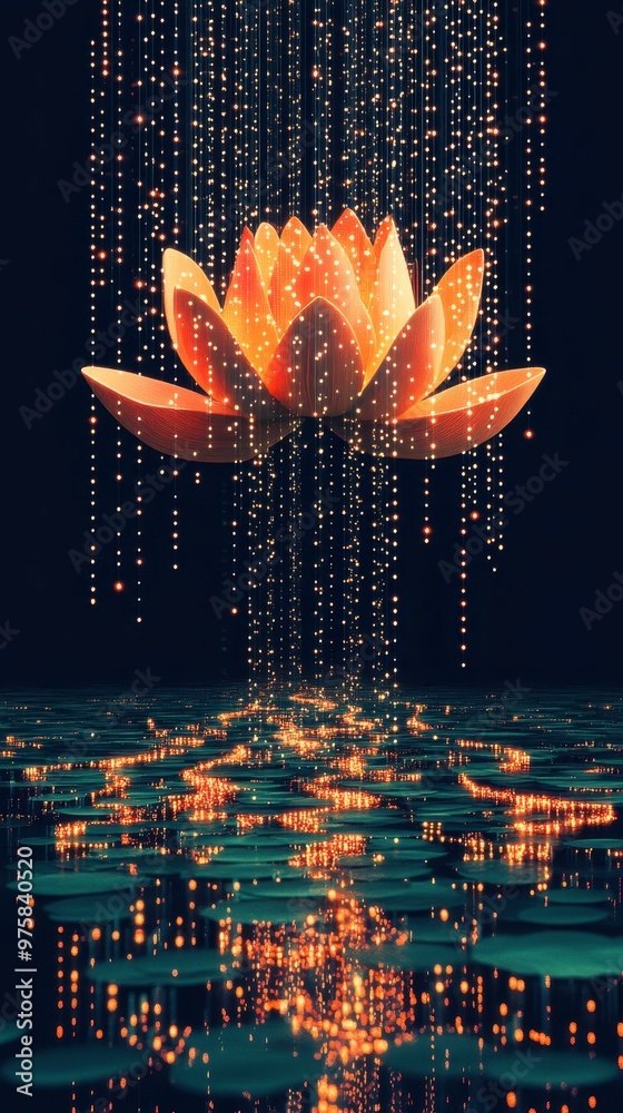Aufkleber Lotus Flower Illuminated With Colorful Lights and Digital Binary Code in a Minimalist Setting