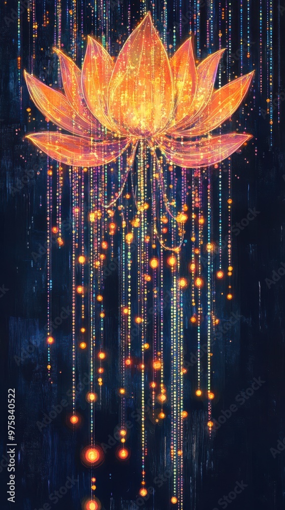 Poster Lotus Flower Illuminated by Colorful Lights With Digital Binary Code Floating in the Air