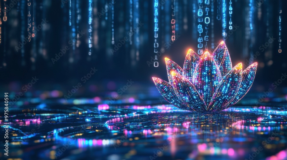Aufkleber Digital Lotus Rises Amidst Flowing Neon Lights and Binary Code in a Minimalist Setting