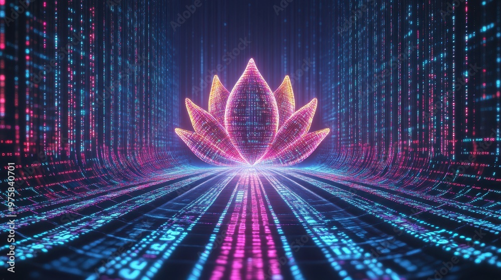 Poster Vibrant Digital Lotus Surrounded by Flowing Binary Code and Colorful Neon Lights at Night