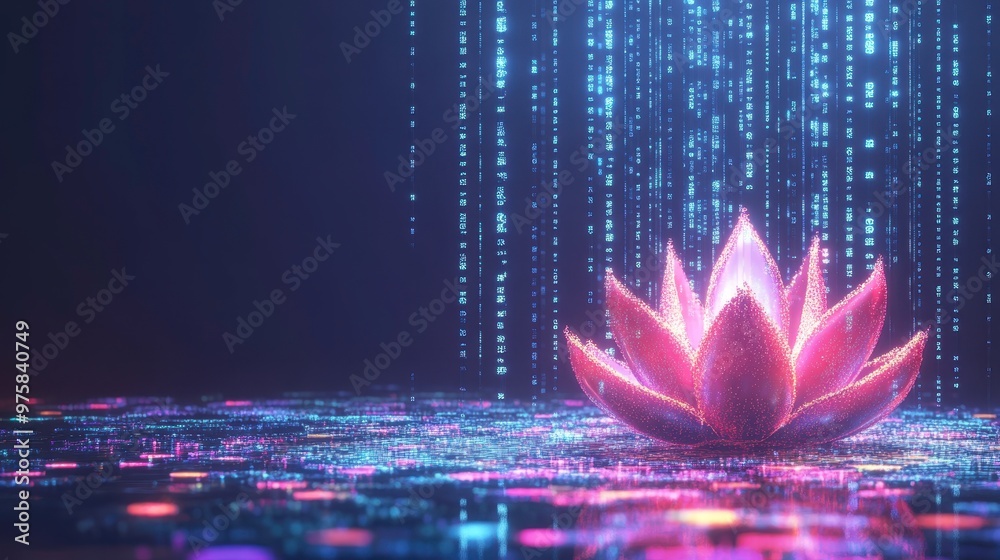 Poster vibrant lotus blossoms amidst flowing binary code and colorful neon lights