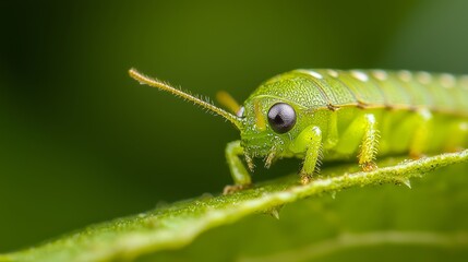 Fototapeta premium A tight shot of a green insect on a leaf with a soft, indistinct background